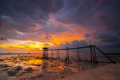 Scenic view of beach against dramatic sky