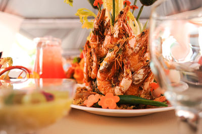 Prawns in plate on dinning table