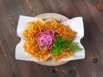 High angle view of food served in plate