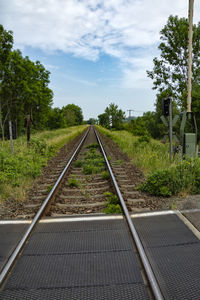 Railroad tracks amidst trees against sky