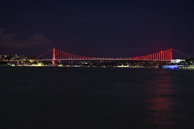 Illuminated suspension bridge at night