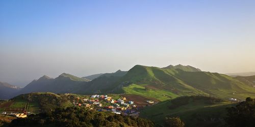 High angle view of mountains against clear sky