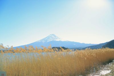 Scenic view of snowcapped mountains against clear sky