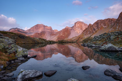 Scenic view of lake and mountains against sky