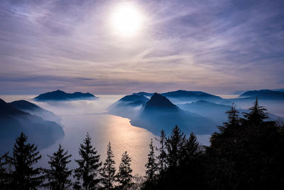 Scenic view of lake and mountains against sky