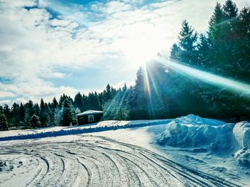 Snow covered land and trees against sky