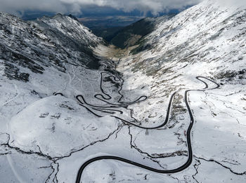 The winding transfagarasan highway with snow