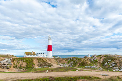 Portland bill lighthouse. isle of portland, uk. a way mark guiding vessels in english channel.