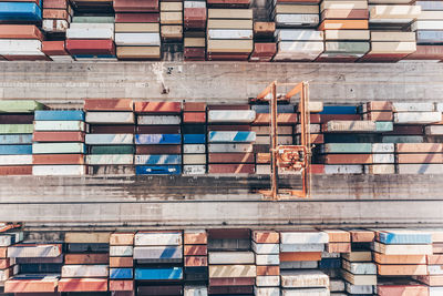 Aerial view of shipping container port terminal. colourful pattern of containers in harbor. maritime