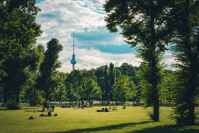 Trees in park in front of fernsehturm against sky