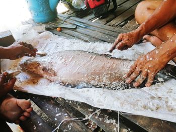 High angle view of person preparing food