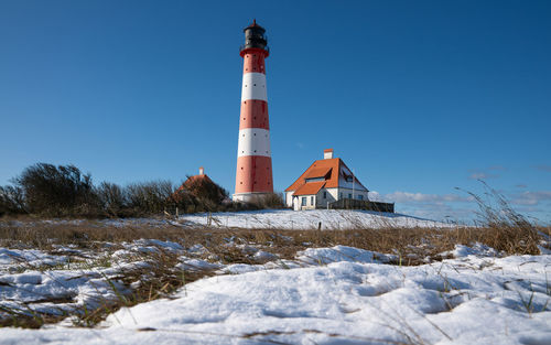 Low angle view of lighthouse against clear sky