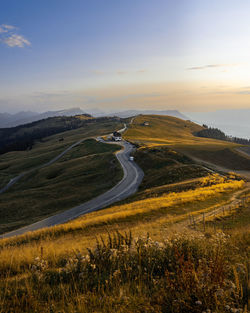 Aerial view of landscape against sky during sunset