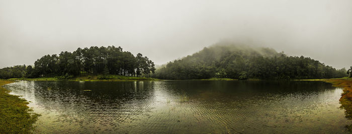 Scenic view of lake by trees against sky