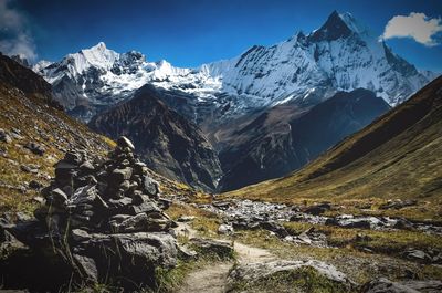 Scenic view of snowcapped mountains against sky