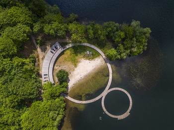 High angle view of road amidst trees