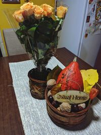 High angle view of rose bouquet on table