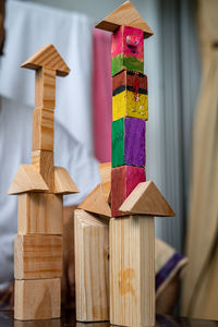 Close-up of wooden toy castle