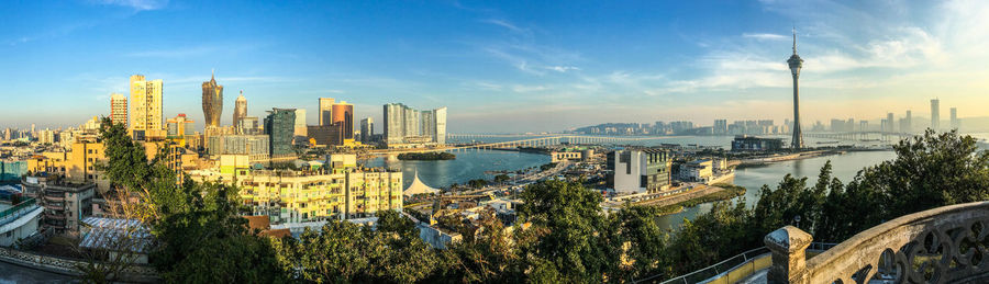 High angle view of city buildings against sky