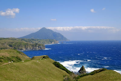 Scenic view of sea and mountains against sky