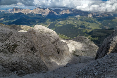 Hiking trail in sella group dolomite ridge, trentino alps, piz boè