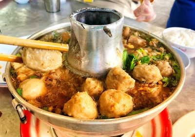 High angle view of food in bowl on table