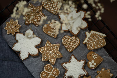 High angle view of cookies on christmas tree