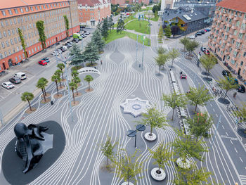 High angle view of city buildings