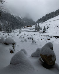 Scenic view of snow covered mountains against sky