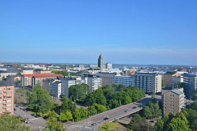 High angle view of buildings in city