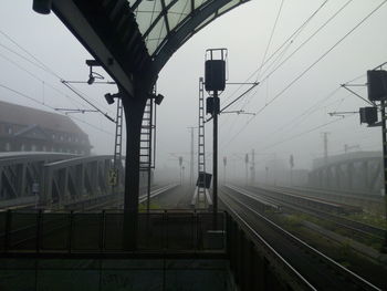 Railroad tracks against sky during foggy weather