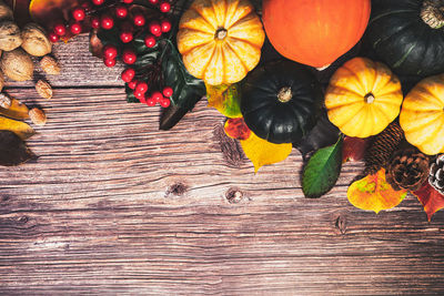 High angle view of pumpkins on table