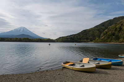 Shoji lake shore with mount fuji or fujisan against blue sky in yamanashi prefecture, japan.