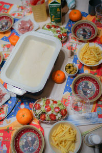 High angle view of food on table