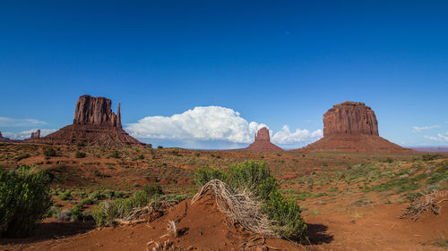 Scenic view of rocky mountains against blue sky