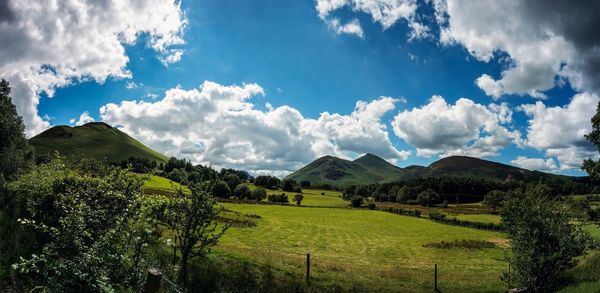 Panoramic view of agricultural field against sky