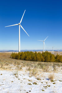 Wind turbines in field against blue sky