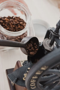 High angle view of coffee beans in jar