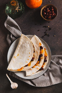 High angle view of food in plate on table