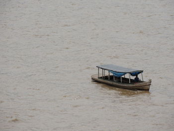 High angle view of ship moored on sea