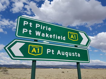 Low angle view of road sign against sky