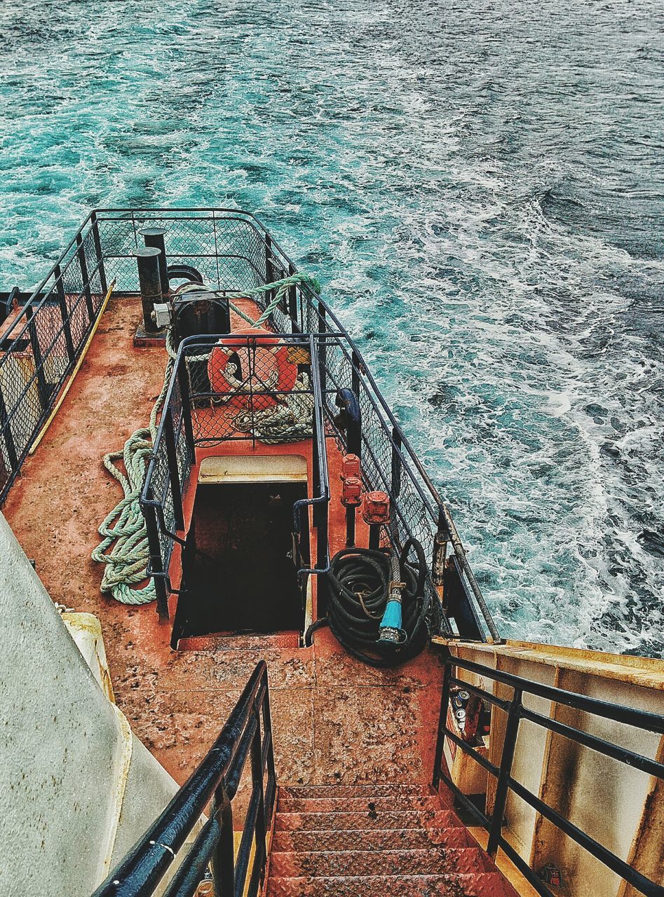 water, high angle view, rippled, steps, sea, railing, day, outdoors, tranquility, ocean, leading