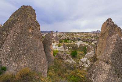 View from the observation deck to rock formations at goreme, cappadocia, turkey