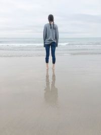 Rear view of man standing on beach against sky