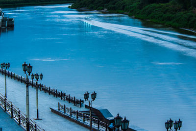High angle view of swimming pool by lake