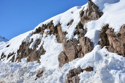 Low angle view of snowcapped mountains against clear sky