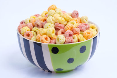 Close-up of candies in bowl against white background