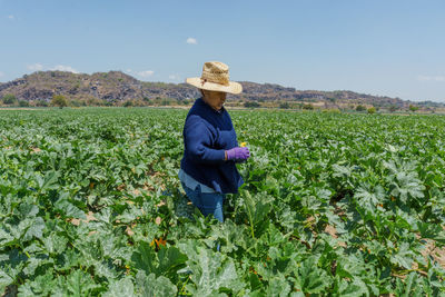 Rear view of woman walking on field against sky