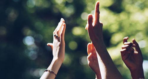 Cropped image of friends hands gesturing against trees