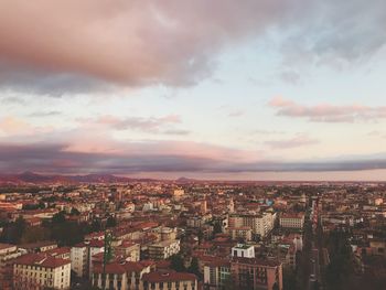 High angle view of townscape against sky during sunset